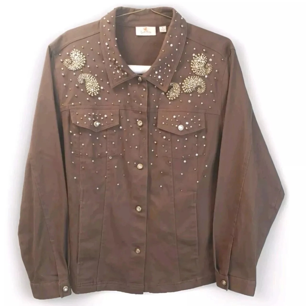 Quacker Factory Embellished Shacket Shirt Jacket Sz XL Faux Pearl Beaded Brown